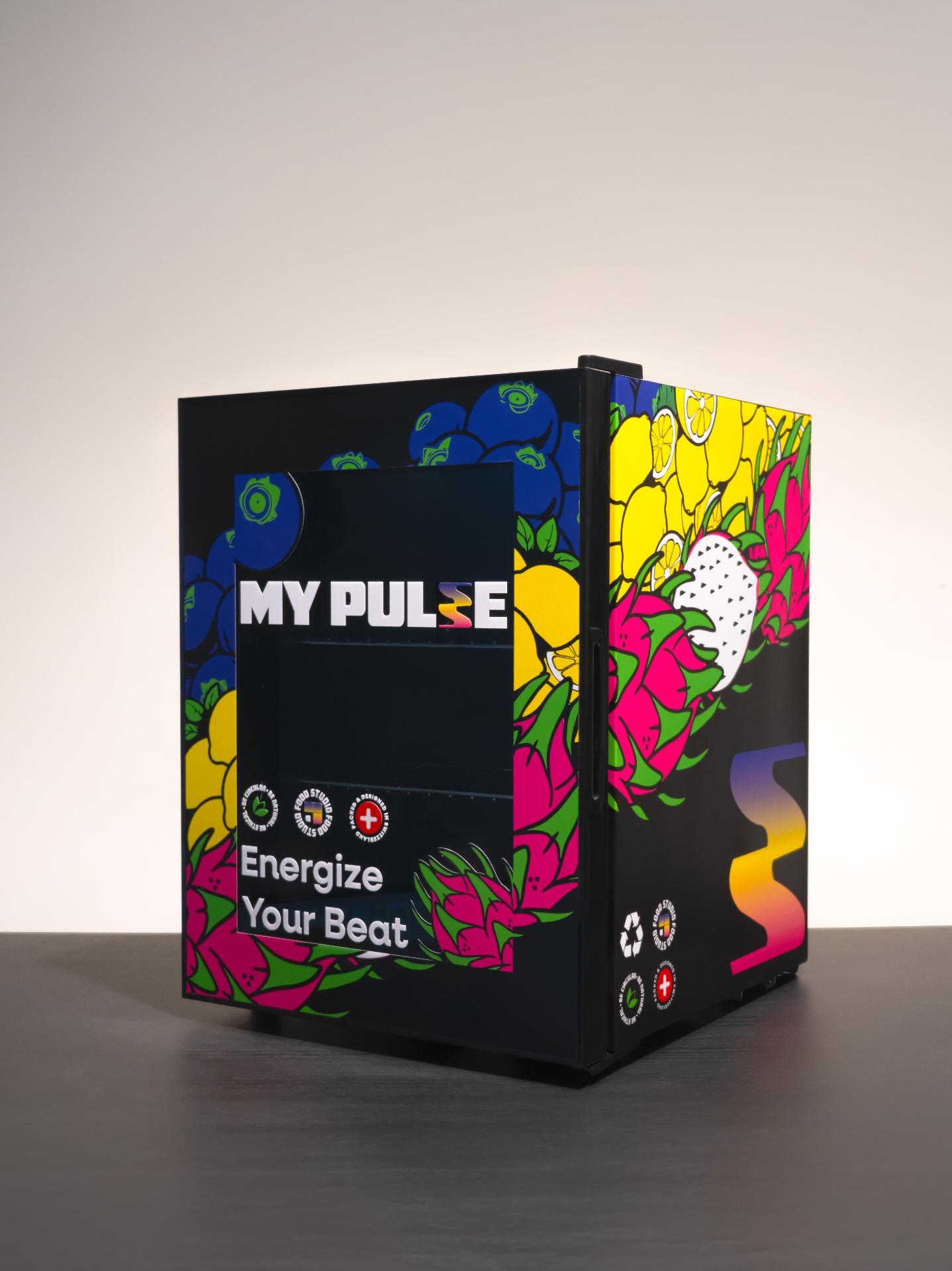 MY PULSE signature cooler with vibrant fruit artwork