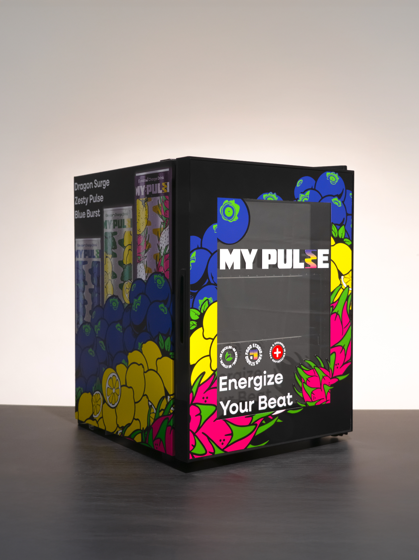 MY PULSE signature cooler with vibrant fruit artwork